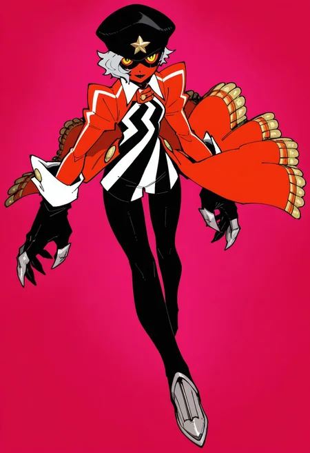 lazypos, absurdres,very aesthetic,sharp detail,intricate detail,
official art,artist:yukataro,artist:sparrowl,norakura \(nr kura\),jonpei,(zyugoya, fir3born, naga u:0.5),ireading,(krekkov:0.5),fujimoto tatsuki \(style\),
( Full body portrait, ernestop5t, colored skin, red skin, yellow eyes, short hair, grey hair, black lipstick, hat, dress, pants, waist cape, gloves, )
dynamic angle,looking at viewer,(three quarter view:0.2),
(from above:0.2),
(dutch angle:0),
close-up,
colorful,
