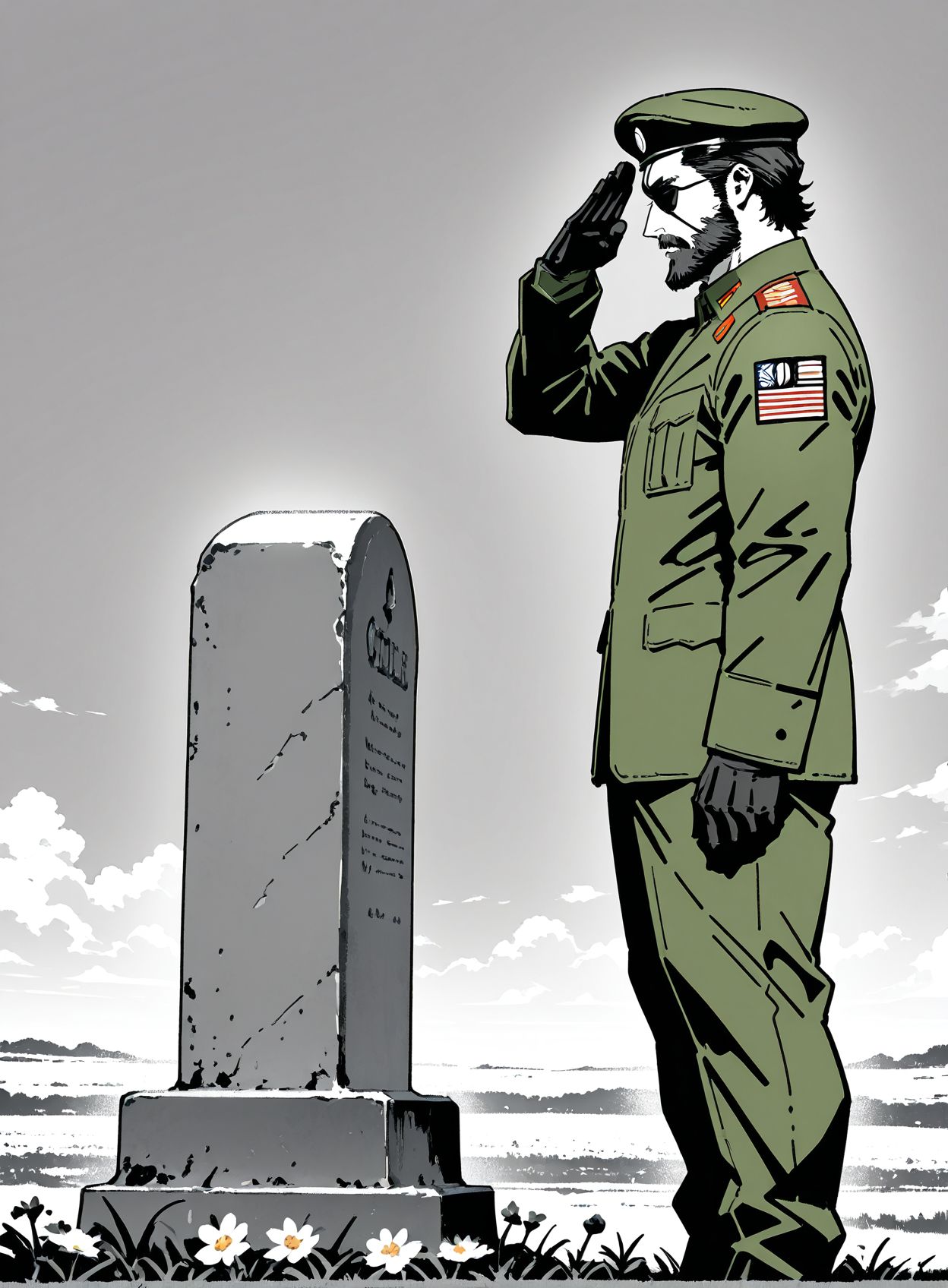 masterpiece,best quality,amazing quality,very aesthetic,absurdres,newest, huge filesize,
<lora:spo_sdxl_10ep_4k-data_lora_webui:0.5>,
<lora:add-detail-xl:1>
 normandy_american_cemetery,  ((Salute)) , stright tombstone, right hand Salute, (green Military beret:1.4),from side, looking down,  tombstone facing man,
Upright tombstone,
Standing gravestone,
Vertical headstone,
Saluting the text on the tombstone,
Paying respects with a salute to the inscription,
Standing at attention and saluting the tombstone’s e
Stand at attention and salute, (white flower:1.4), wind, 
Attention and salute,
day,sky,  monochrome,  muscular male,  military uniform jacket,  along,standing,  legs together, from side, face shot,
1man, mature male,  big boss from metal gear solid3,  from behind, 
35YO,
Full beard with a rugged look,
Thick and well-groomed beard,
Short, scruffy facial hair, black hair, 
Olive green suit with matching trousers, 
simple pencil sketch, spot color, <lora:Yoji:0.8> yoji_shinkawa,
eyepatch,