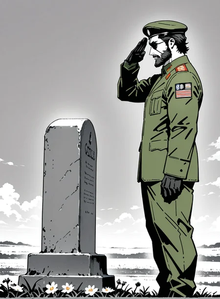 masterpiece,best quality,amazing quality,very aesthetic,absurdres,newest, huge filesize,
<lora:spo_sdxl_10ep_4k-data_lora_webui:0.5>,
<lora:add-detail-xl:1>
normandy_american_cemetery, ((Salute)) , stright tombstone, right hand Salute, (green Military beret:1.4),from side, looking down, tombstone facing man,
Upright tombstone,
Standing gravestone,
Vertical headstone,
Saluting the text on the tombstone,
Paying respects with a salute to the inscription,
Standing at attention and saluting the tombstone’s e
Stand at attention and salute, (white flower:1.4), wind,
Attention and salute,
day,sky, monochrome, muscular male, military uniform jacket, along,standing, legs together, from side, face shot,
1man, mature male, big boss from metal gear solid3, from behind,
35YO,
Full beard with a rugged look,
Thick and well-groomed beard,
Short, scruffy facial hair, black hair,
Olive green suit with matching trousers,
simple pencil sketch, spot color, <lora:Yoji:0.8> yoji_shinkawa,
eyepatch,