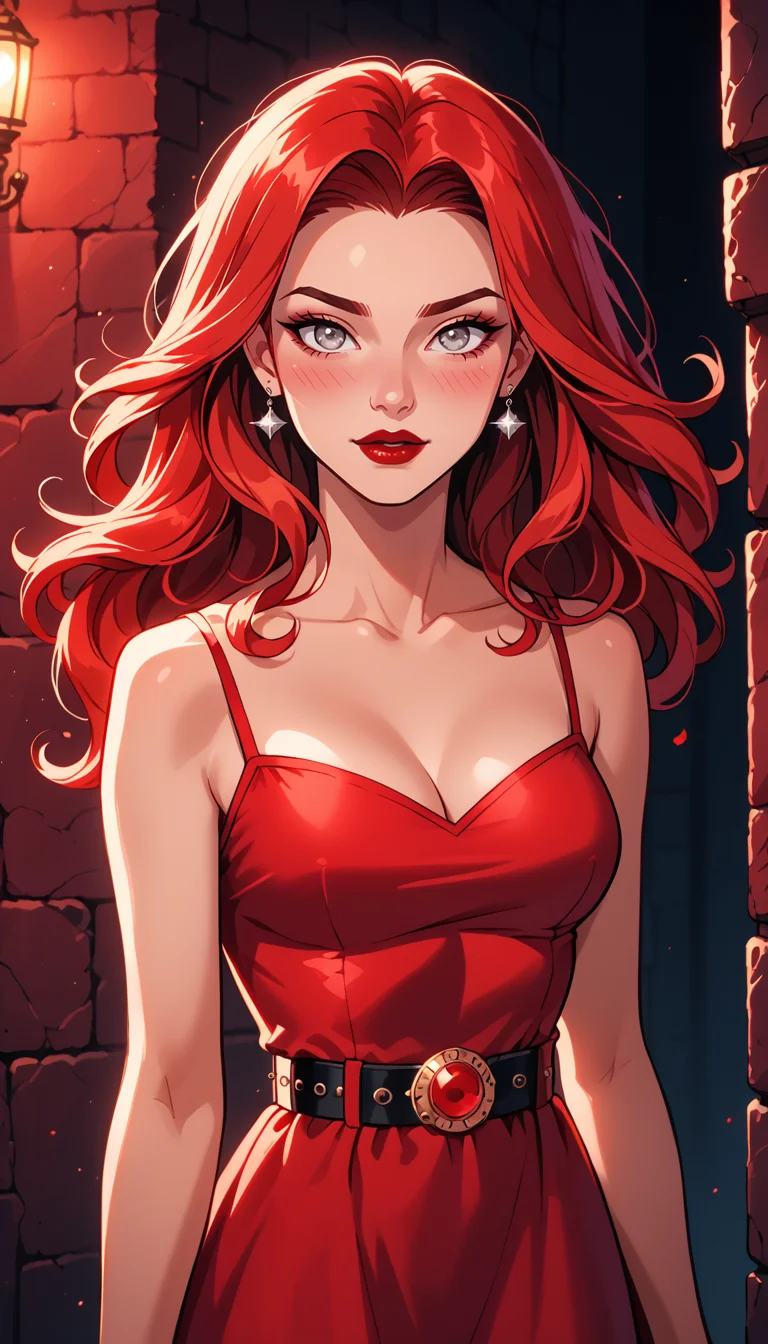 score_9, score_8_up, score_7_up, (Western Comics), girl, cute, seductive, innocent, fit glittered red dress, large belt, red hair, floating hair, silver eyes, red lipstick, red eye shadow, blush, sexy, pure innocence, (light smile:0.3), whore vibe, in love, seductive gaze, (red:1.1), romantic setting, dreamy pastel palette, whimsical details, colorful, softcore, warm lighting, cosy atmosphere, red theme, (cinematic, red and black:0.85), sharp, dim colors, (Cowboy shoot photo), (depth of field), (dynamic angle), (wall background), (ultra detailed, high quality texture), (sharp), (artistic image)