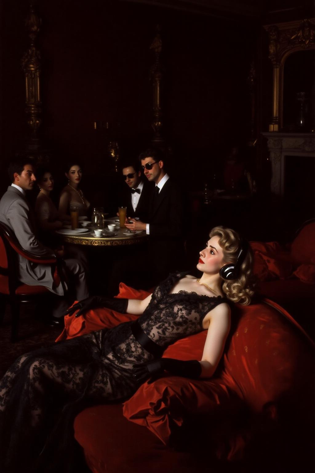 johnss1 painting.
A luxurious, dimly lit lounge set in 1970s Italy, exuding vintage charm and opulence. A stylish young woman in a lace dress, wearing oversized headphones, lounges on a plush velvet couch with an air of cool detachment. She dons sleek black gloves, embodying the effortless glamour of the era. In the background, a group of fashionable, well-dressed people in tailored suits and cocktail dresses sit around a table, enjoying drinks and conversation, all wearing sunglasses. The room is adorned with ornate gold decor, rich velvet textures, and the warm glow of dim lighting, evoking the chic sophistication of Italy's high society in the 1970s.
 <lora:johnss2_cap_d6a3:1.0><lora:829202234878199930:0>