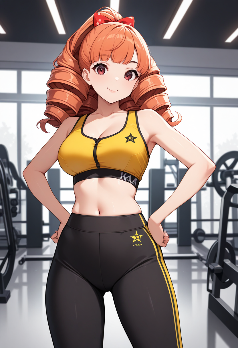 masterpiece, best quality, 1girl, solo, looking at viewer, cowboy shot, smile, gym, hands on hips
yellow sports bra, black yoga pants
 <lora:zs_KanamiILLU:1> k4nam1idol, orange hair, long hair, drill hair,