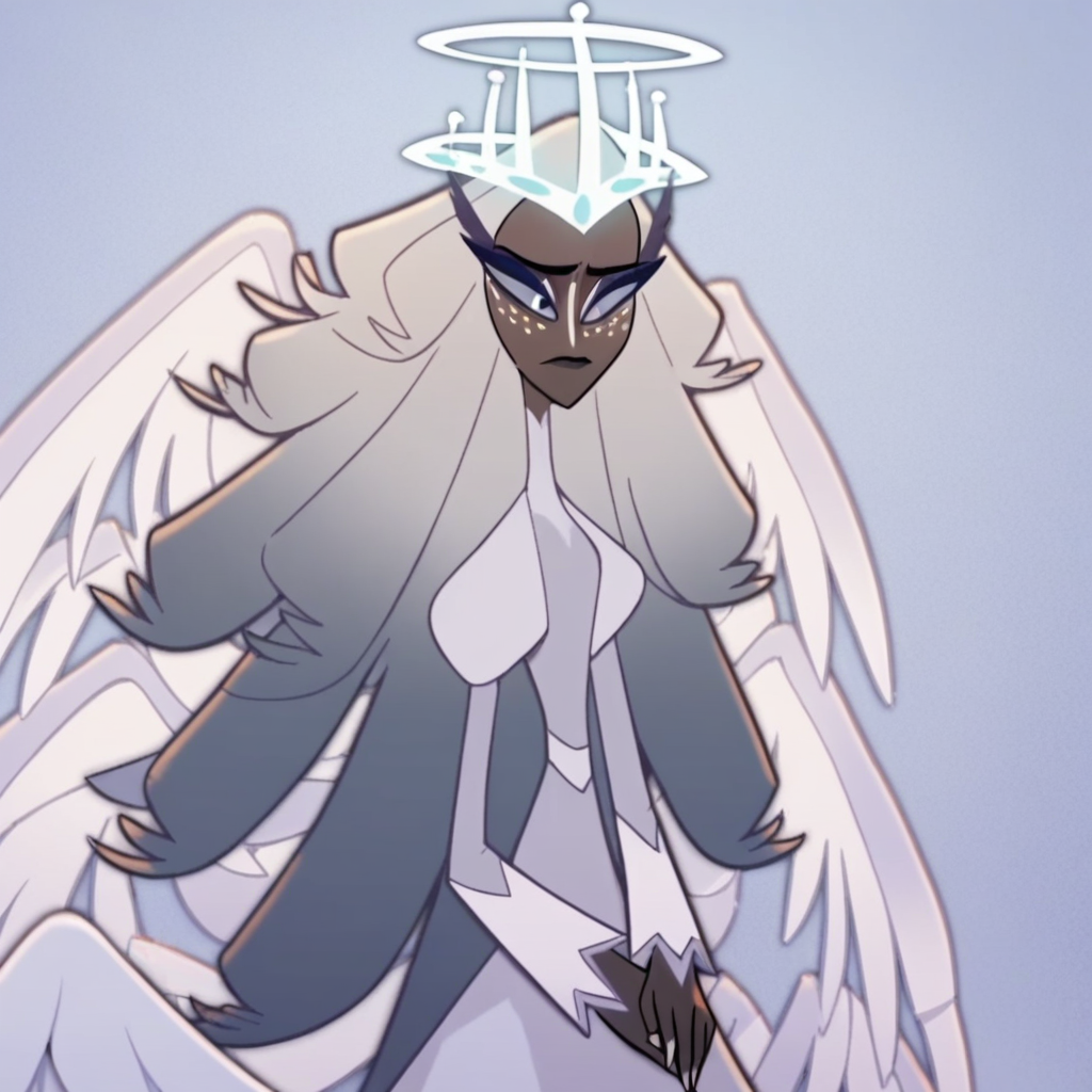 Sera, solo, 1girl, angel, halo, dark skin, white hair, long hair, dress, wings, wallpaper, score_9, score_8_up, score_7_up
