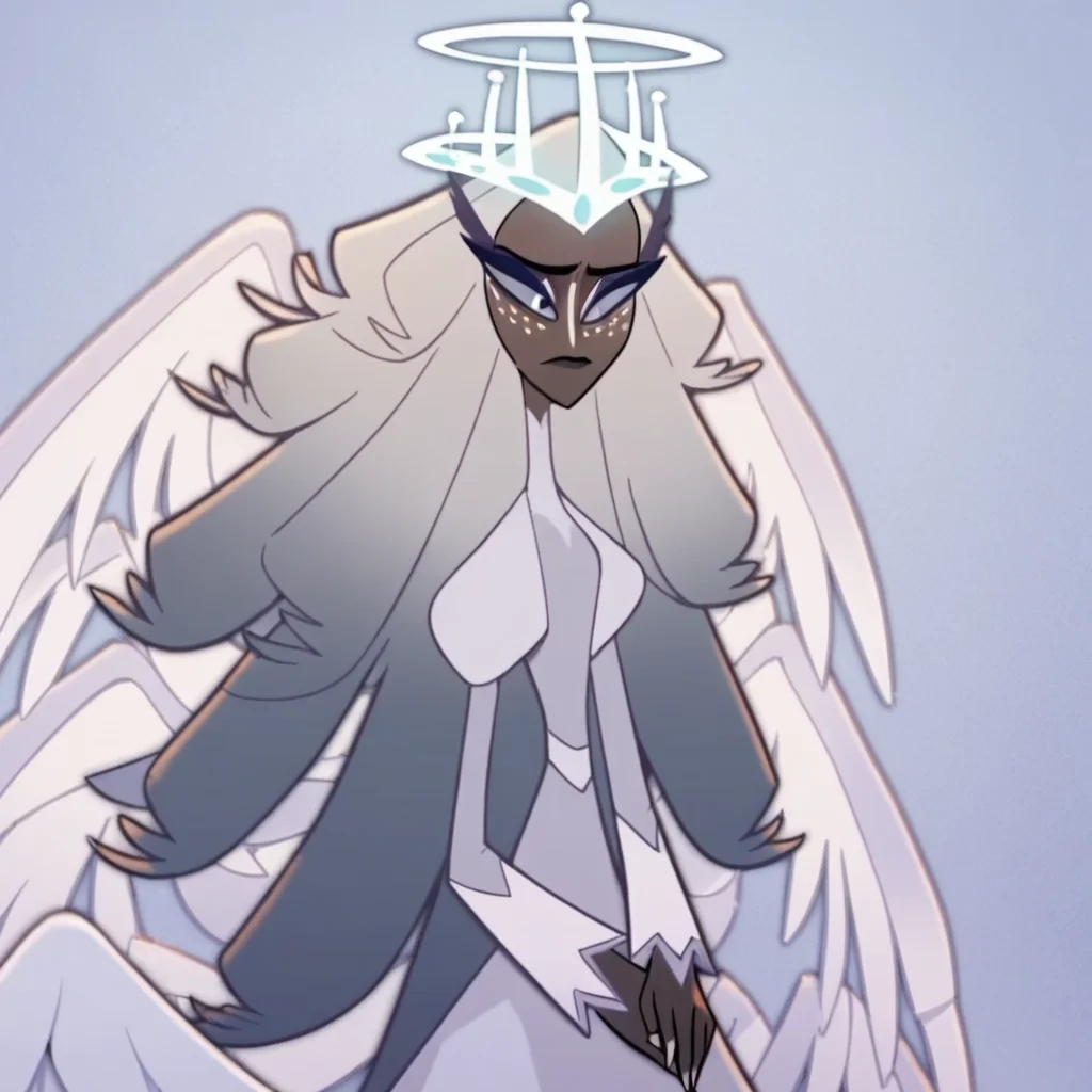 Sera, solo, 1girl, angel, halo, dark skin, white hair, long hair, dress, wings, wallpaper, score_9, score_8_up, score_7_up