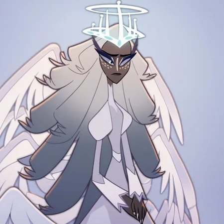 Sera, solo, 1girl, angel, halo, dark skin, white hair, long hair, dress, wings, wallpaper, score_9, score_8_up, score_7_up