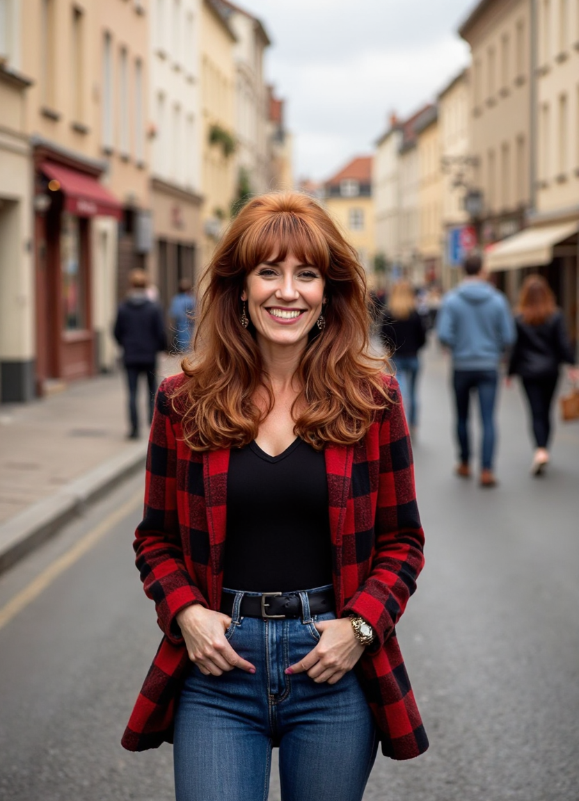 SFW, brightly lit, The image is a portrait of a woman standing on a busy street in a European city. She is wearing a red and black plaid blazer over a black top and blue jeans. She has long e hair and is smiling at the camera. The street is lined with buildings on both sides and there are people walking on the sidewalk. The sky is overcast and the overall mood of the image is happy and relaxed., aidmaimageupgrader<lora:flux\custom\celebrity\peg-bundy.safetensors:1.1:1.1> <lora:turbo-8-step-flux.safetensors:0.5:0.5> <lora:flux\style\Common\aidmaImageUprader-FLUX-v0.3.safetensors:0.25:0.25>
