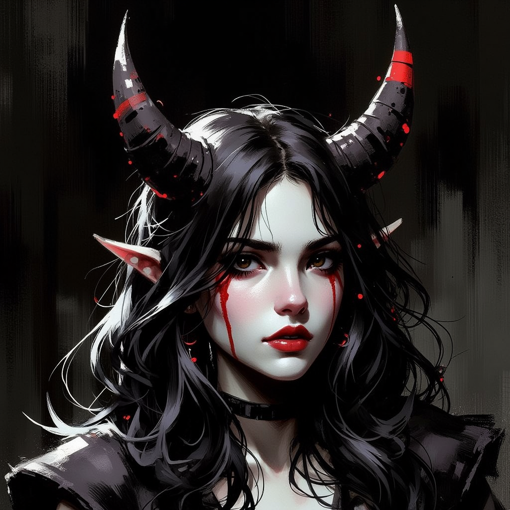Special Ink-drawing mode, soft lighting with dynamic highlights,  low angle, three-quarters view, The image is a close-up portrait of a woman's face and upper body. The woman has long, dark hair that is styled in loose waves and cascades down her back. Her face is painted white with red and black accents. Her eyes are dark and her lips are painted a deep red. Above her head, there are two large, pointed horns that are covered in black and red paint. The horns are arranged in a symmetrical pattern, with the tips pointing upwards. The background is dark and out of focus, making the woman the focal point of the image
