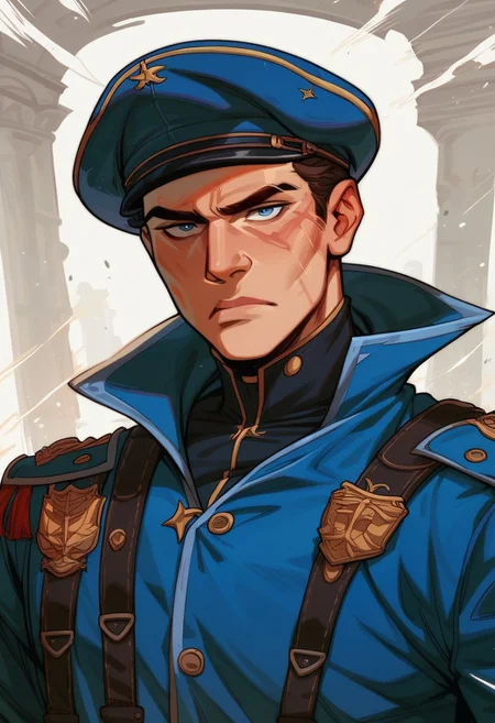 score_9, score_8_up, score_8, score_7_up, score_7, score_6_up, score_6, score_5_up, Union soldier from the Civil War, portrait, blue infantry uniform, dark blue coat, brass buttons, kepi hat, bright eyes, clean-shaven face, determined expression, strong jawline, rifle resting against shoulder, worn leather gloves, vox machine style, 1boy, male focus, solo, close up portrait, fantasy, classical Roman background, (dynamic lighting:1.1)
((masterpiece))