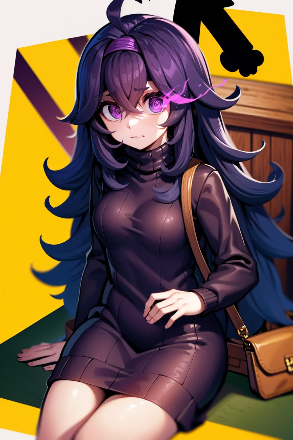masterpiece, best quality, hexmaniacms, purple flaming eye, purple eye trail, flaming eye, eye trail, purple eye, ((@.@)), bags under eyes, (glowing eye:0.1), ahoge, headband, dark purple hair, pale skin, turtleneck sweater dress <lora:hexManiacPokemonLora_1:0.9>
