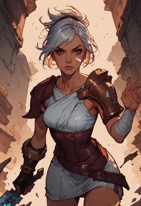 (score_9, score_8_up, score_7_up, score_6_up, score_5_up:1.1), commix style, 1 woman, (detailed face), (waist-up, face focus), (((Rvn, ogskin))), ((Rvn, short hair, ponytail, brown eyes, spiky ponytail, facial mark, eyeshadow, tanned skin, toned, lips, sleeveless)), ((single white face marking)), ((tanned skin, brown eyes, toned body)), ((top, criss-cross halter, single pauldron, shoulder armor, single glove, bandaged arm, corset, belt, skirt, single greave, boots)), (((holding sword over shoulder, sword, broken weapon, huge weapon, broken weapon, magic))), in a desert, (3-frame sketch), raw lighting, overexposed, harsh flash, volumetric lighting, cinematic lighting, aesthetic design, dramatic angle, dramatic framing, cinematic framing, posing at an angle,