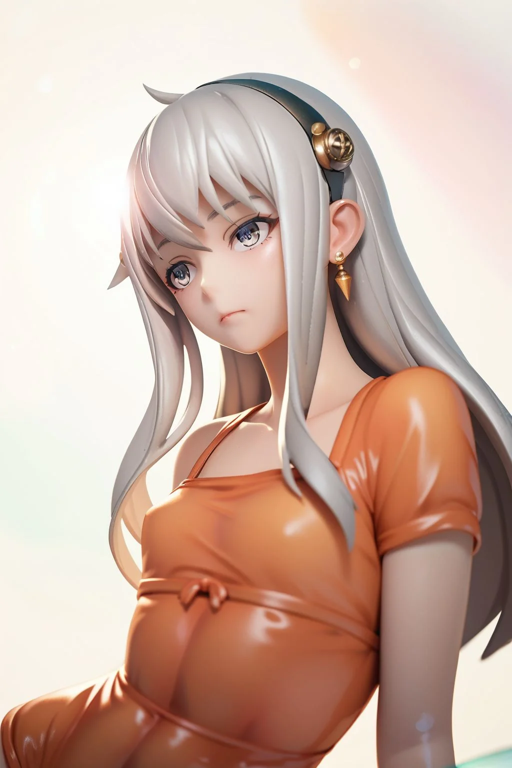 score_9, score_8_up, score_7_up, high resolution, 1girl, looking at viewer, aroused, silver hair, single hair ring, wispy bangs, silver eyes, flat chest, orange clothes, lens flare, <lora:Erofigurine_PonyXL_style_v02.10.01:1>