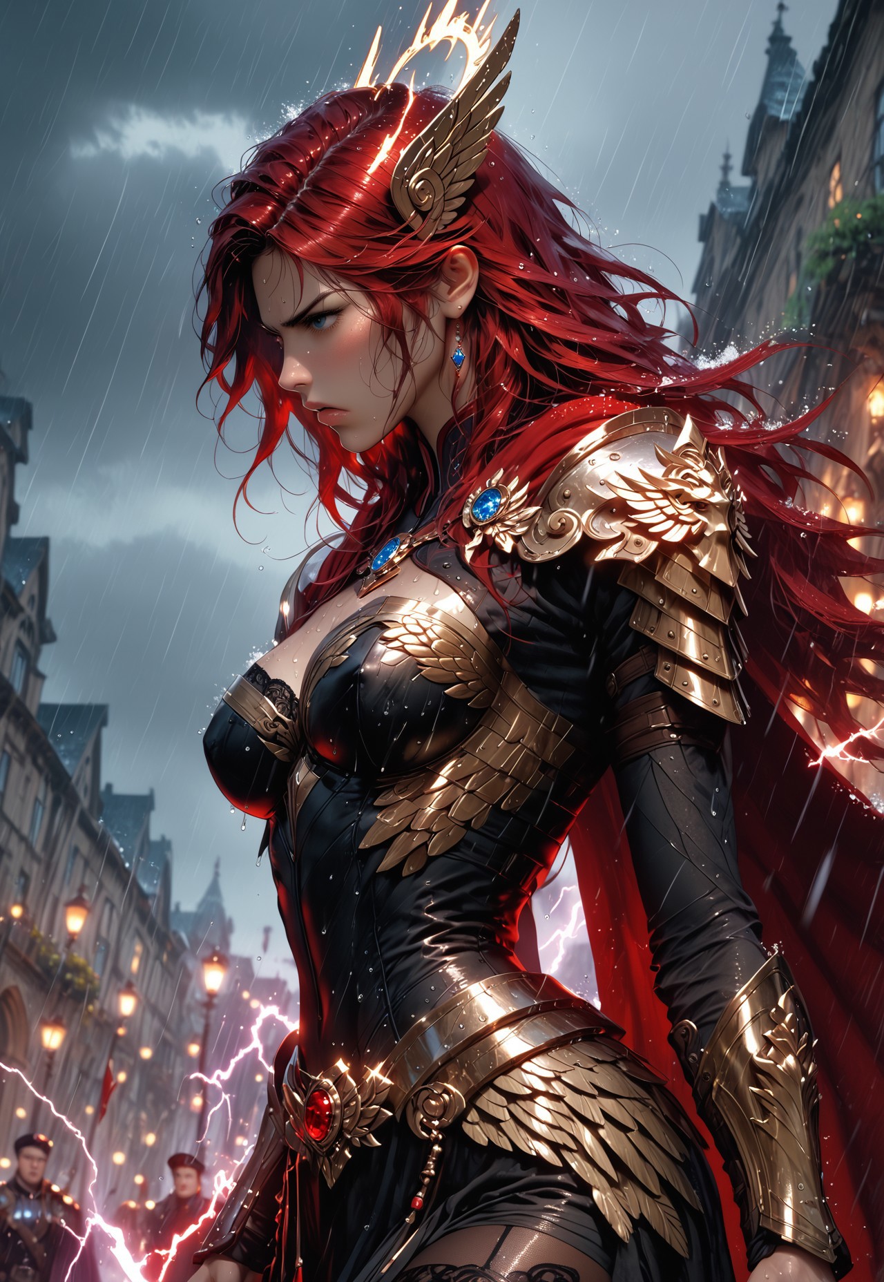 safe_pos, profile view of 1girl, sfw, gorgeous, freckles, shiny wet skin, detailed skin, detailed face:2, fierce:2, angry, snarling, growling, intense glare, perfect large eyes, dark blue eyes, black pupils:2, glowing eyes, long hair, red hair, deep red hair, dark red hair:2, cloth tunic, saggy breasts, breasts covered:1.5, nipples covered, cloth stretched tight over breasts, showing slight skin, valkyrie wings:2, flaming halo, decorative mystic armor, dark blue armor:2, matching armor, armored skirt:2, flowing skirt:2, skirt:2, flowing cape, intricate armor, shiny armor, perfect hands:2, perfect fingers, eyeliner, relaxed hands, thigh highs, leggings, armored thighs, exposed upper chest, exposed lower thigh, showing slight leg, walking pose, cape billowing in the wind, turned, 
BREAK
public place:2, outdoors, rain, rainy day, dark sky, dusk, lightning strike:2, stormy sky, lightning in sky, huge valkyrie wings behind her, 
BREAK
score_9, score_8_up, score_8, masterpiece, best quality, official art, extremely detailed, absurdres, high definition, photorealism, detailed shading, high contrast, ambient occlusion, 
BREAK
dynamic angle:1.5, cowboy shot, focus face, profile shot,  Dutch angle, 

expressiveh, comicbookpage style, mythp0rt, 