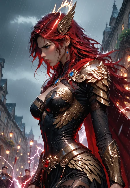 safe_pos, profile view of 1girl, sfw, gorgeous, freckles, shiny wet skin, detailed skin, detailed face:2, fierce:2, angry, snarling, growling, intense glare, perfect large eyes, dark blue eyes, black pupils:2, glowing eyes, long hair, red hair, deep red hair, dark red hair:2, cloth tunic, saggy breasts, breasts covered:1.5, nipples covered, cloth stretched tight over breasts, showing slight skin, valkyrie wings:2, flaming halo, decorative mystic armor, dark blue armor:2, matching armor, armored skirt:2, flowing skirt:2, skirt:2, flowing cape, intricate armor, shiny armor, perfect hands:2, perfect fingers, eyeliner, relaxed hands, thigh highs, leggings, armored thighs, exposed upper chest, exposed lower thigh, showing slight leg, walking pose, cape billowing in the wind, turned,
BREAK
public place:2, outdoors, rain, rainy day, dark sky, dusk, lightning strike:2, stormy sky, lightning in sky, huge valkyrie wings behind her,
BREAK
score_9, score_8_up, score_8, masterpiece, best quality, official art, extremely detailed, absurdres, high definition, photorealism, detailed shading, high contrast, ambient occlusion,
BREAK
dynamic angle:1.5, cowboy shot, focus face, profile shot, Dutch angle,
expressiveh, comicbookpage style, mythp0rt,