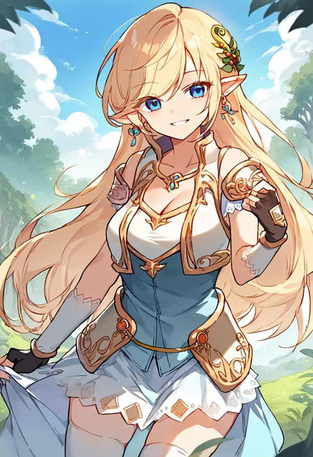 score_9,score_8_up,score_7_up,source_anime,zPDXL3,fantasy,forest,
*//*,<lora:Mercedes-v1.0-000004:1>,mercedes_elf,1girl,elf,pointy ears,blonde hair,long hair,blue eyes,cleavage,medium breasts,thighhighs,dress,zettai ryouiki,armor,black gloves,fingerless gloves,hair ornament,earrings,jewelry,reef hair ornament,smile,
*//*,cowboy shot,dutch angle,