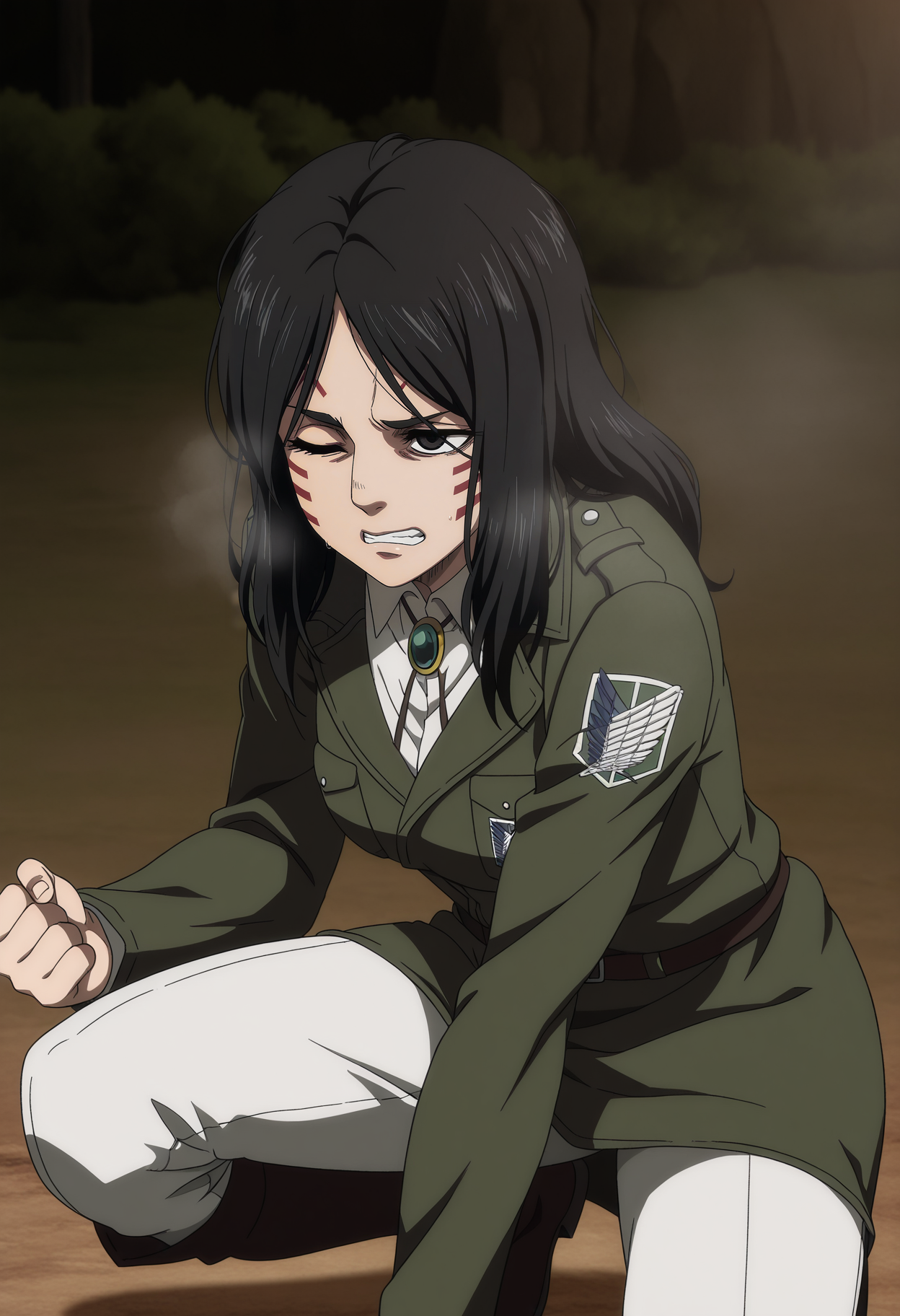 1girl,solo,mm,mature female,black hair,long hair,black eyes,anime coloring,
paradis military uniform,brooch,facial mark, steam,outdoors,on one knee, one eye closed,clenched teeth, 
,masterpiece,best quality,amazing quality,<lora:Pieck_Finger-Shingeki_no_Kyojin-The_Final_Season:0.8>