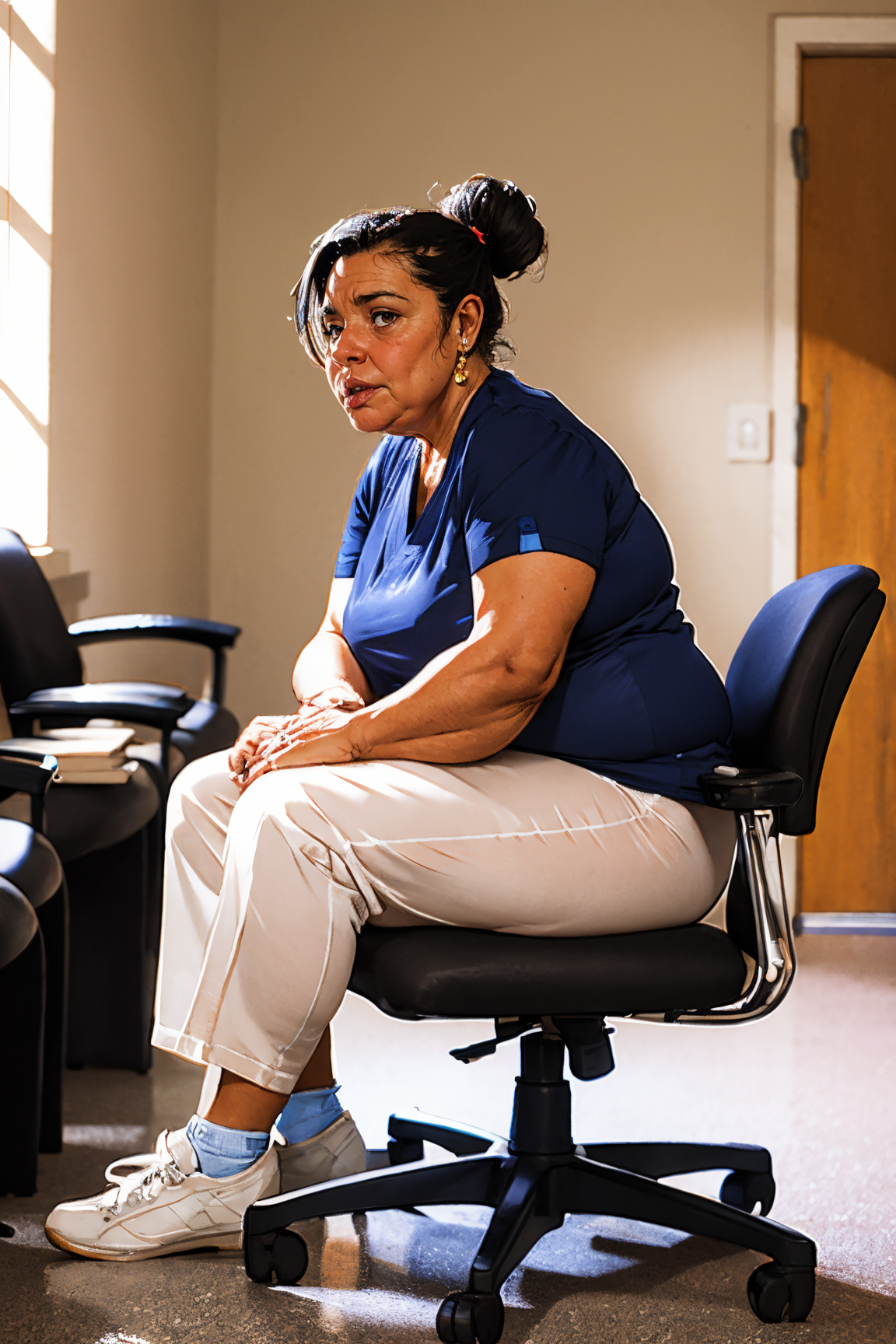 RAW photo, highres, (masterpiece:1.2), (best quality, highest quality),ultra highres, 8K, HDR, photograph of (clinic-waiting-room:1.2), medical_clinic, 
<lora:Clinic_Waiting_Room:1.0> clinic-waiting-room
<lora:age_slider_v20:1.6>
((Isabella from Colombia):1.4), Mature (nurse:1.1), standing, talking to viewer, dark skin, bun_hairstyle, near-black hair in a tight hair_bun, hazel eyes, kind, caring, thoughtful, concerned, cheerful, wide hips, thick thighs, (wearing black scrubs:1.3), white footwear, (medical_scrubs:1.3), scrub pants,  athletic shoes
<lora:Weight Slider:1.4> 8K uhd, dslr, high quality film grain