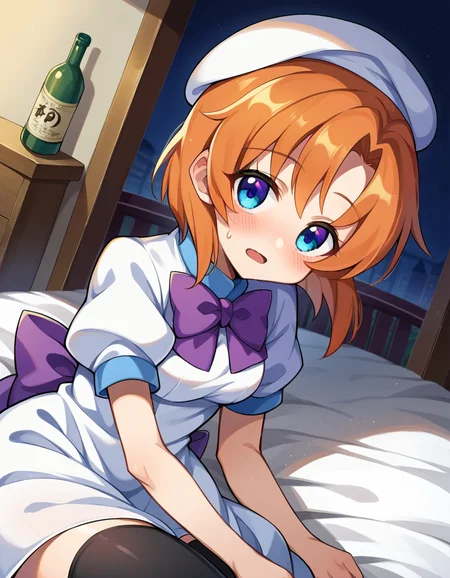 score_9, score_8_up, score_7_up, source_anime,
renaryuuguu, <lora:rena-ryuuguu-ponyxl-lora-nochekaiser:1>,
rena ryuuguu, orange hair, short hair, blue eyes,
beret, black thighhighs, bow, bowtie, dress, hat, puffy short sleeves, puffy sleeves, purple bow, purple bowtie, short sleeves, thighhighs, white dress, zettai ryouiki,
indoors, bed, bed room, on side, blush, drunk,
looking at viewer, dutch angle, cowboy shot,