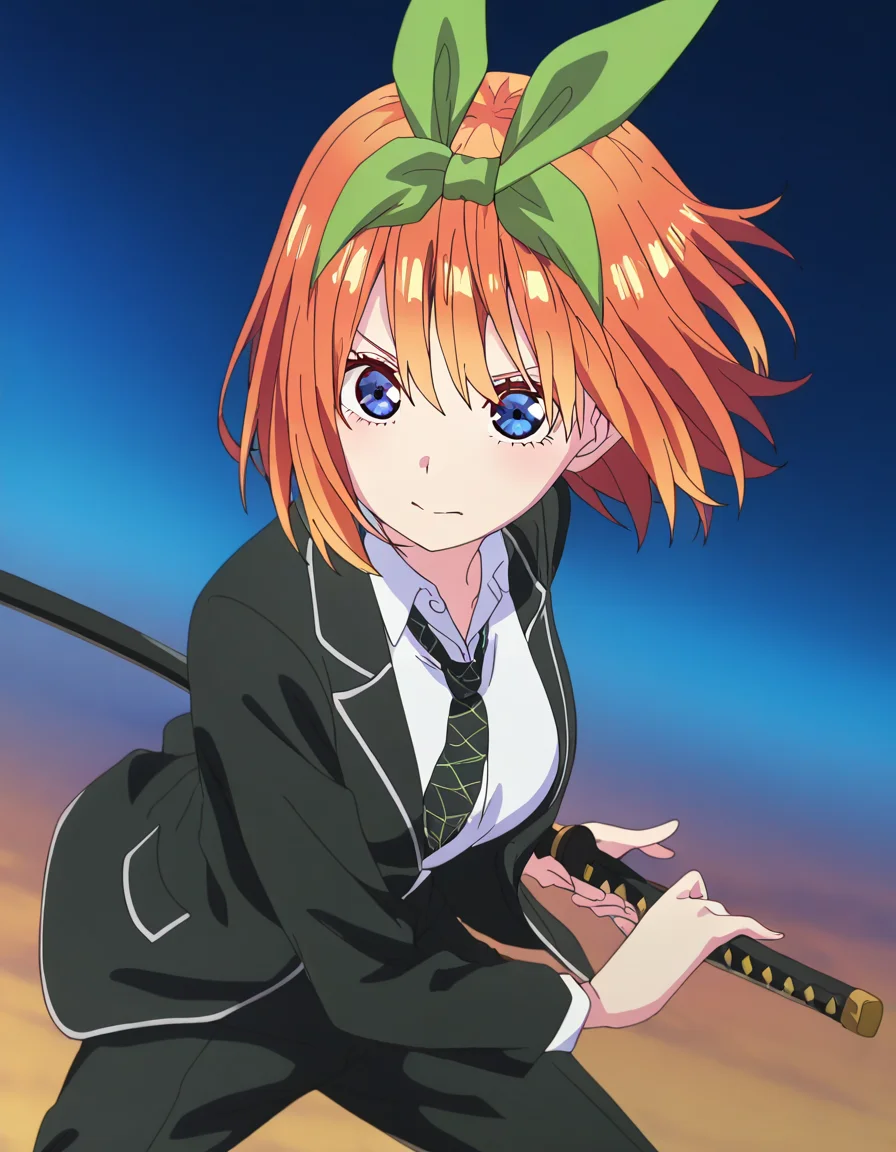masterpiece, best quality, newest, absurdres, highres, safe,, <lora:yotsuba-nakano-s2-ponyxl-lora-nochekaiser:1>, yotsuba nakano, bangs, short hair, blue eyes, hair between eyes, hair ribbon, hairband, orange hair, green ribbon, large breasts, anime screencap, <lora:battoujutsu-stance-illustriousxl-lora-nochekaiser:1>, battoujutsu stance, looking at viewer, holding, weapon, sword, holding weapon, holding sword, standing, katana, sheath, sheathed, fighting stance, ready to draw, shirt, long sleeves, jacket, white shirt, necktie, collared shirt, pants, black jacket, floating hair, black pants, formal, suit, black necktie, black suit, pant suit,, ,