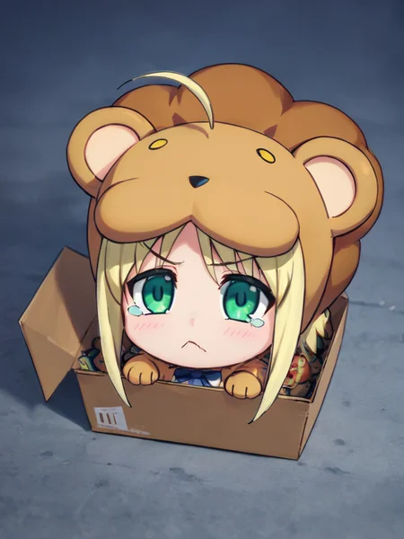 score_9, score_8_up, source_anime, masterpiece,
b0xe,in box,chibi,cardboard box,
1girl, saberLion, lion costume, chibi, blonde hair, green eyes, kawaii, tears,
<lora:saber lion test0.1:0.8> <lora:chibi_box_b0xe_v2.1:0.8>
street, dark background,