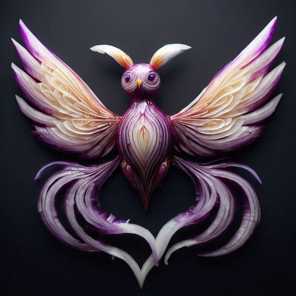onionstyle<lora:onionstyle:1>, gigantic swift root-like retro canine life form, 1 leg multipedal, six-fingered hands, bushy-tailed, icy scales, celestial wings ((captivating,stencil,silver brownian motion,translation,amethyst purple,amethyst luminescent ,zigzag lines,dotted lines,cybernetic storms,gaseous,hexagonal prism,drifting,time travel,heart magic:1.0) wings attached to the back),