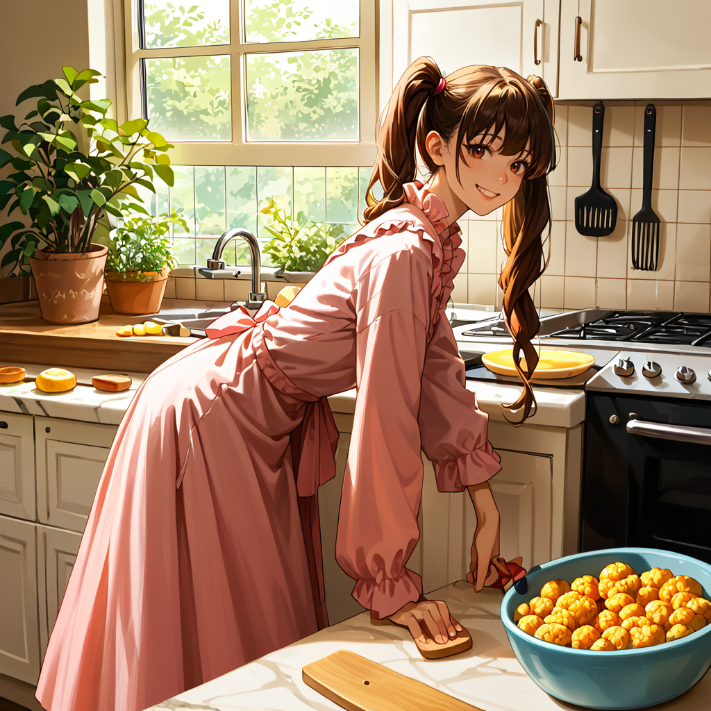 score_9, score_8_up, score_7_up,source_anime, 1girl, kitchen, long dress, cleaning, from side, looking at viewer, leaning forward, hand rest,  twintails, smile, (rating_safe),  <lora:age_slider_v4:2>