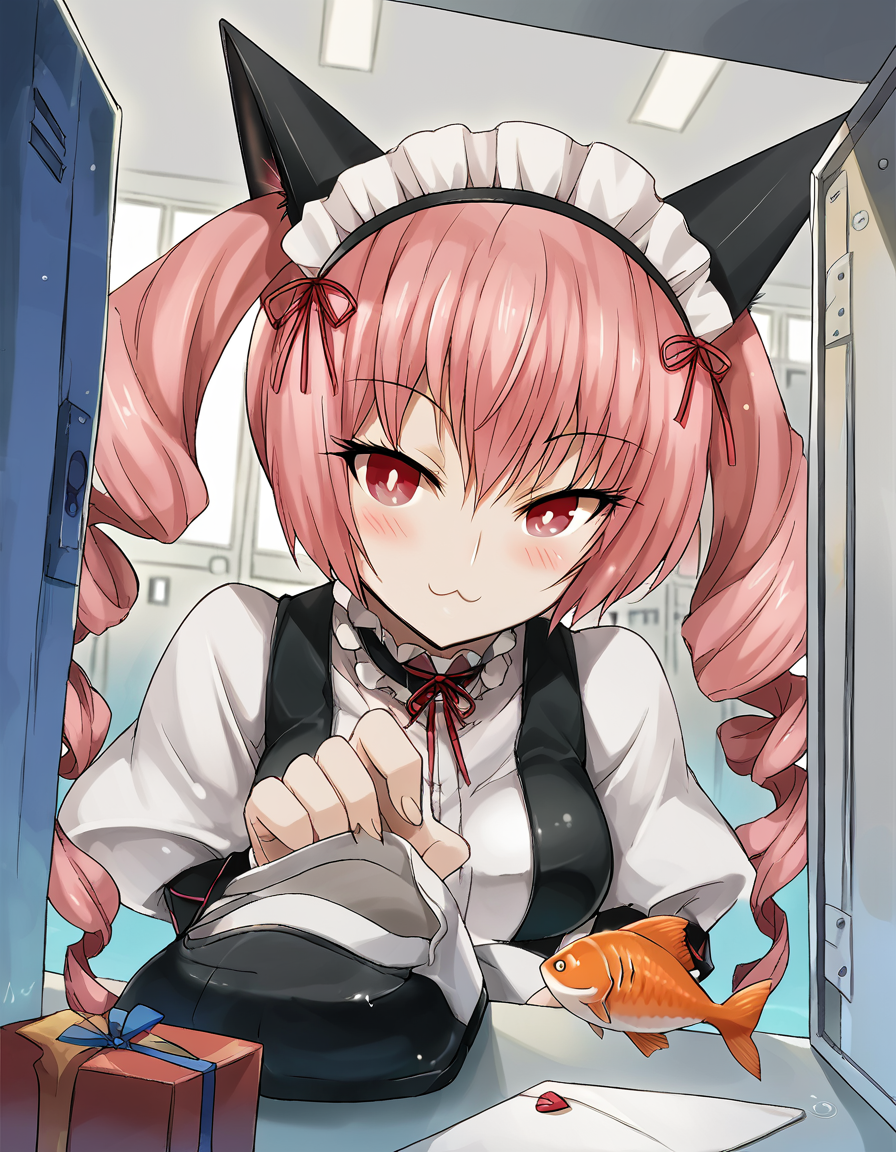 score_9, score_8_up, score_7_up, source_anime, <lora:rumiho-akiha-ingame-ponyxl-lora-nochekaiser:1>, rumiho akiha, long hair, twintails, pink hair, drill hair, twin drills, red eyes, animal ears, cat ears, medium breasts,, apron, maid, maid headdress,, aquarium, water, fish, tanks, blue, smile, <lora:shoe-locker-pov-ponyxl-lora-nochekaiser:1> shoe locker pov, locker, letter, school, gift box, unworn shoes, blush,, looking at viewer, solo,, dutch angle, cowboy shot