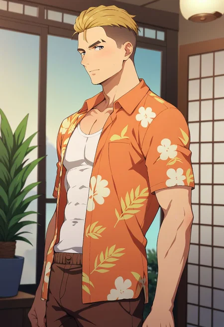 score_9,score_8_up,score_7_up, solo male, Ryoma Arakai \(Brave Bang Bravern\), blond hair, two-tone hair, slicked back hairstyle, undercut, grey eyes, white undershirt, orange hawaiian shirt, open shirt, brown shorts, adult, mature, masculine, slim, tone body, handsome, charming, alluring, standing, upper body, perfect anatomy, perfect proportions, best quality, masterpiece, high_resolution, dutch angle, cowboy shot