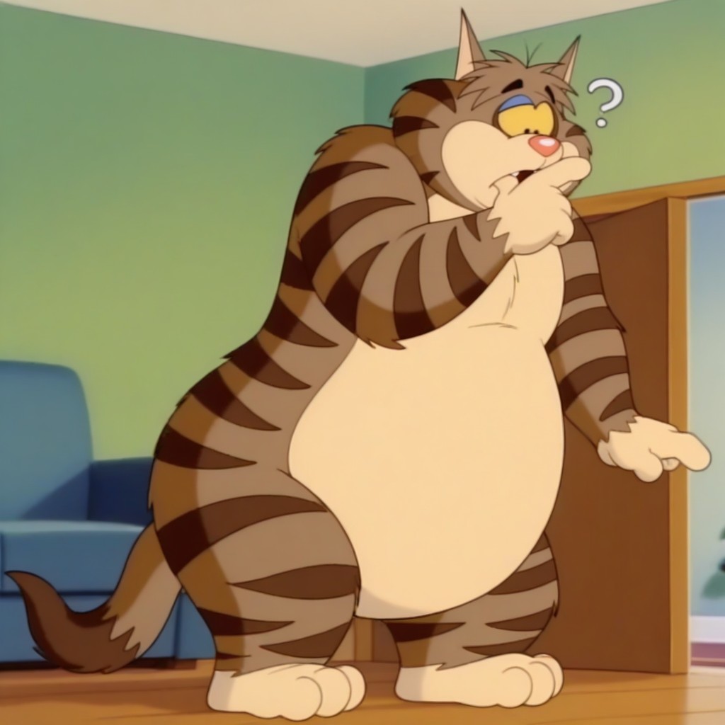 masterpiece, best quality, amazing quality, official artstyle, c1yd3, male, furry male, anthro, solo, cat, short hair, brown fur, two-tone fur, dark brown stripes, yellow sclera, black eyes, blue eyelids, red nose, buck teeth, tail, overweight, standing, confused, clueless, finger on mouth, indoors, living room,