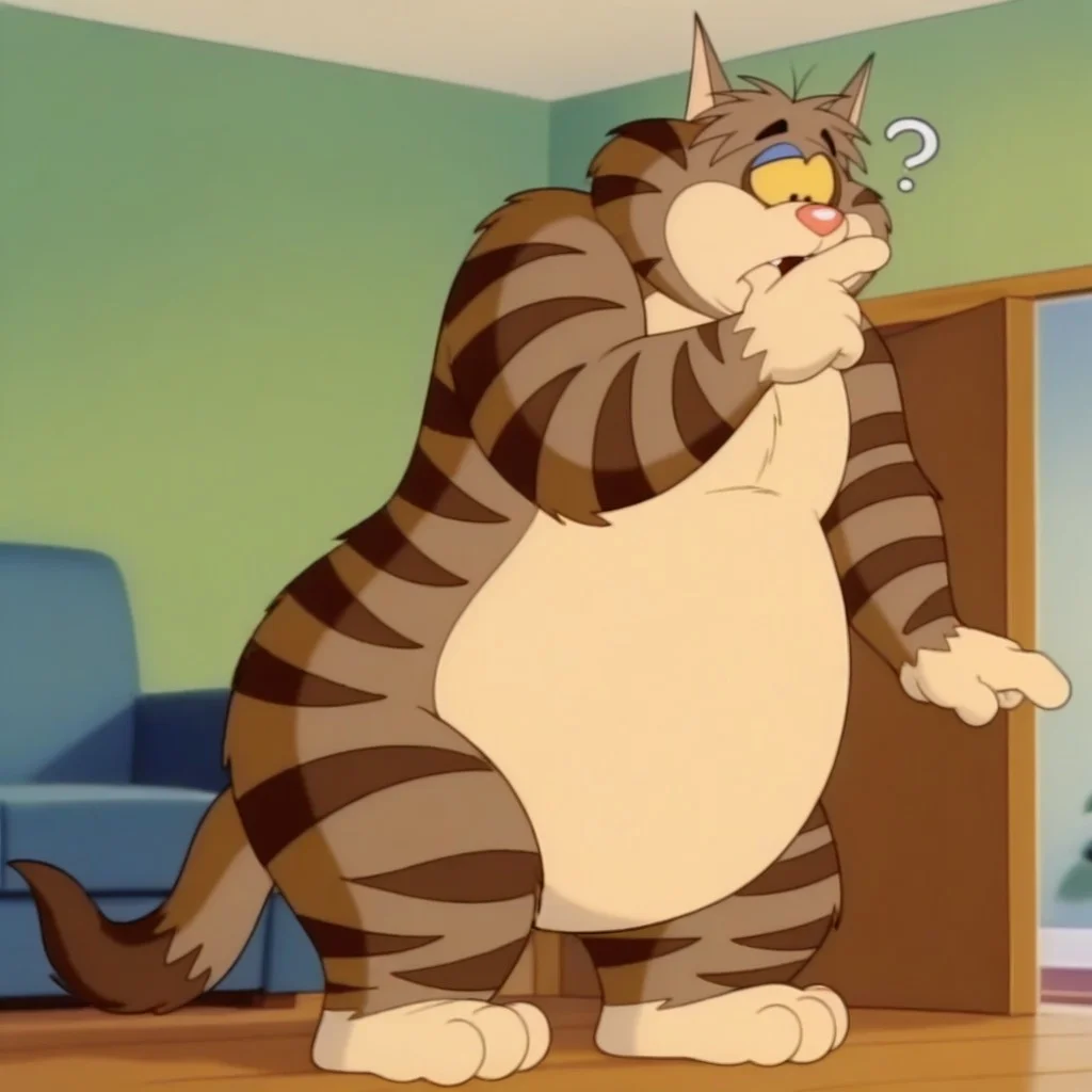 masterpiece, best quality, amazing quality, official artstyle, c1yd3, male, furry male, anthro, solo, cat, short hair, brown fur, two-tone fur, dark brown stripes, yellow sclera, black eyes, blue eyelids, red nose, buck teeth, tail, overweight, standing, confused, clueless, finger on mouth, indoors, living room,