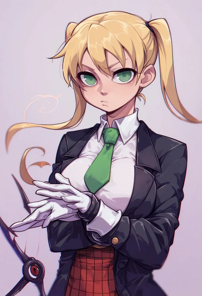score_9,score_8_up,score_7_up,score_6_up,score_5_up,score_4_up,
1girl,maka albarn, green eyes, blonde hair, twintails, \(soul eater\), upturned eyes, 18 year old, silk blonde hair,stunning female sci-fi female angel, upturned eyes, big breast, green necktie, striped necktie, black coat, long coat, red skirt, plaid skirt, buttons, cuffs, white gloves,, loong socks, lewd, (focus on the detail: 1,5),big eyes, vambraces, holding large glowing scythe sparking with energy, portrait,,<lora:LaraCroftRxl-12v64f2:1>,