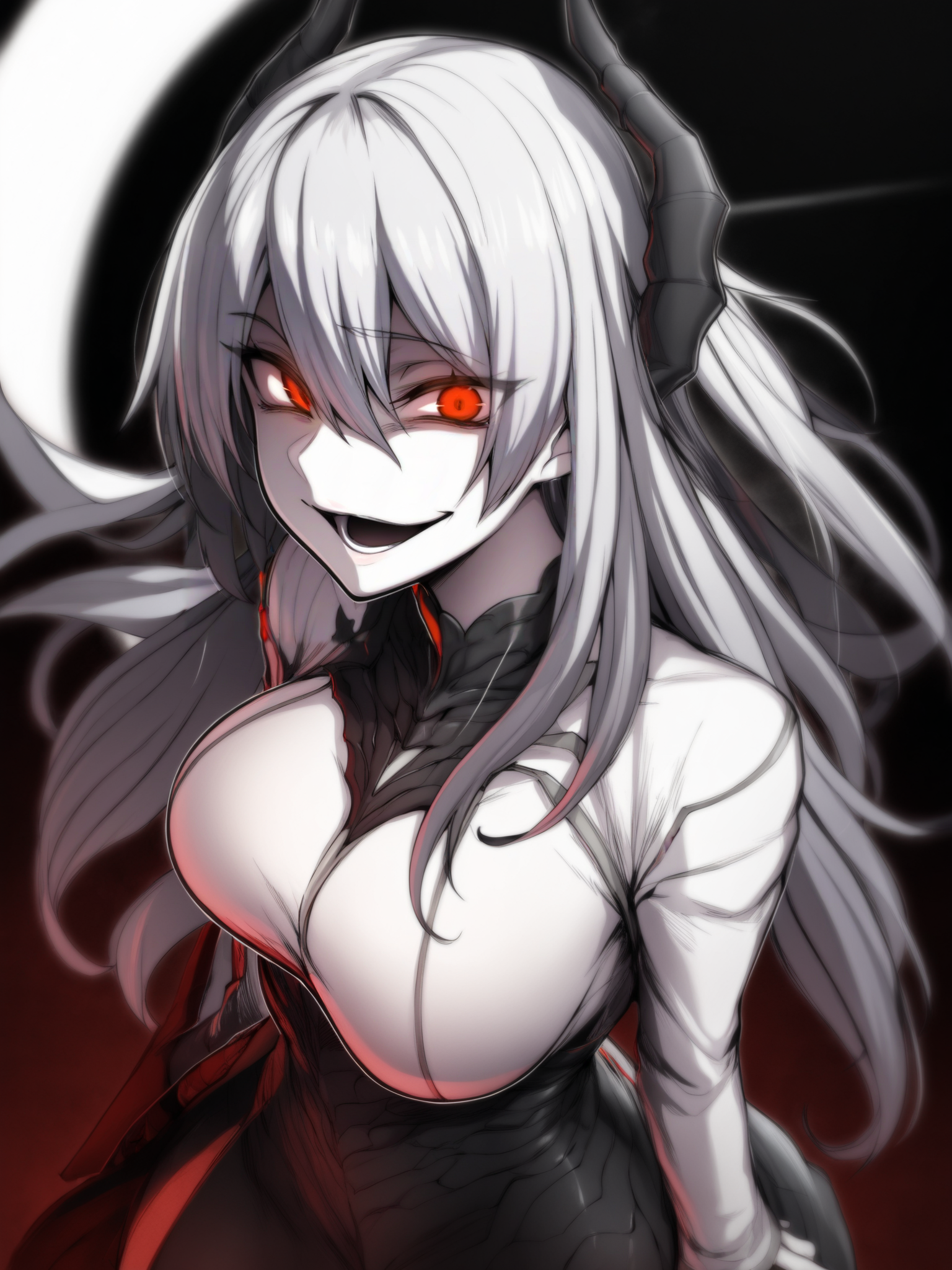 Masterpiece, Best Quality, Best Score, Best Anatomy,
 <lora:ebiblue_Artist_Style_IllustriousXL:1>,1girl, looking at viewer, gesugao, open mouth, evil smile, long hair, long sleeves, red eyes, hair between eyes, large breasts,