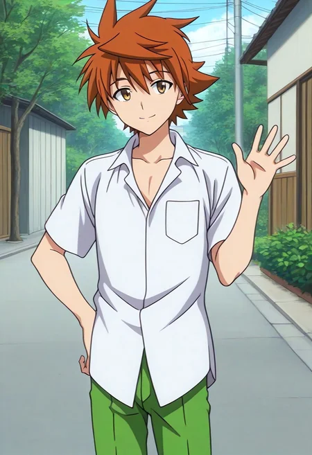 ((masterpiece)), ((best quality)), ((ultra-detailed)), ((absurdres)), score_9_up, score_8_up, score_7_up,
HD, top quality, best quality, amazing quality, High-quality illustrations, anime screencap, source_anime, best aesthetic, perfect proportions, perfect eyes, 1boy, 1male, solo boy, solo male, male focus, solo male focus, Anime, boy, male anime character, anime boy, handsome, cute, charming, sexy, good-looking, Rito Yuuki, orange hair, gold-brown eyes, white collared shirt, short sleeves, green pants, ((slim body)), ((short body, short height)), ((cowboy shot, head to hips shot)), ((front view, front shot, facing front, view from the front)), ((outside, trees, japanese neighborhood, houses, street)), ((happy)), ((waving hand, 👋 gesture))
