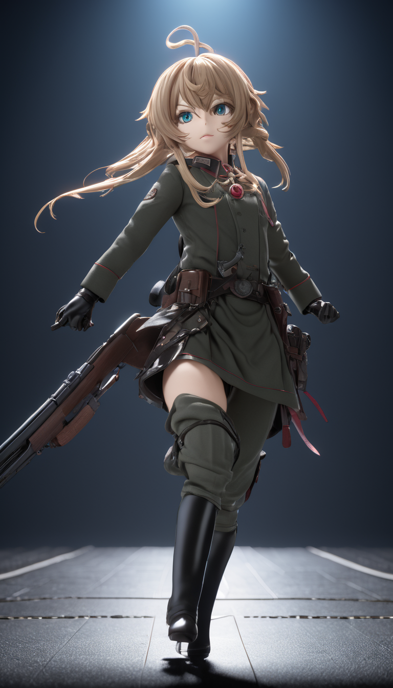 professional 3d model Cinematic scene, hero view, Tanya Degurechaff, Youjo Senki <lora:tanya_degurechaff_xl_v7:1>, action pose, detailed background, masterpiece, best quality, high quality, absurdres . octane render, highly detailed, volumetric, dramatic lighting