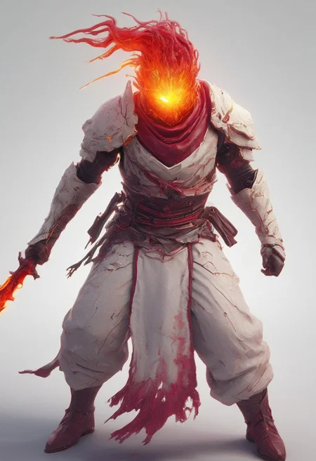 photorealistic, cells, amazing quality, masterpiece, best quality, hyper detailed, ultra detailed, UHD, perfect anatomy, portrait, dof, hyper-realism, majestic, awesome, inspiring, Create a close-up image of a cyberpunk assassin with translucent red and yellow-puple burning-head, wearing a white linen hanfu with a high collar. wielding a giant translucent amber sword, His long, disheveled long translucent ethereal hair blows in the wind. The face grins directly at the camera with a menacingly evil expression., with a white background, cinematic composition, soft shadows, very detailed, hd, RAW photograph, masterpiece, top quality, best quality, official art,highest detailed, atmospheric lighting, cinematic composition, complex multiple subjects, 4k HDR, vibrant, highly detailed, Leica Q2 with Summilux 35mm f/1.2 ASPH, Ultra High Resolution, wallpaper, 8K, Rich texture details, hyper detailed, simple background, epic composition, high quality , (8k, RAW photo, highest quality), hyperrealistic,