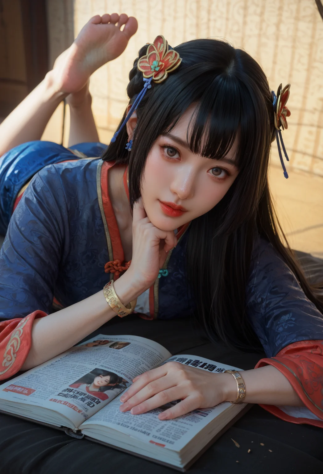 score_9, score_8_up, score_7_up, She lies on her stomach, her feet in the air, reading a magazine., <lora:Daqiao_Dynasty_Warriors:0.8> 1girl, solo, black hair, long hair, hair ornament, chinese clothes, jewelry, bracelet, half body shot, looking at viewer