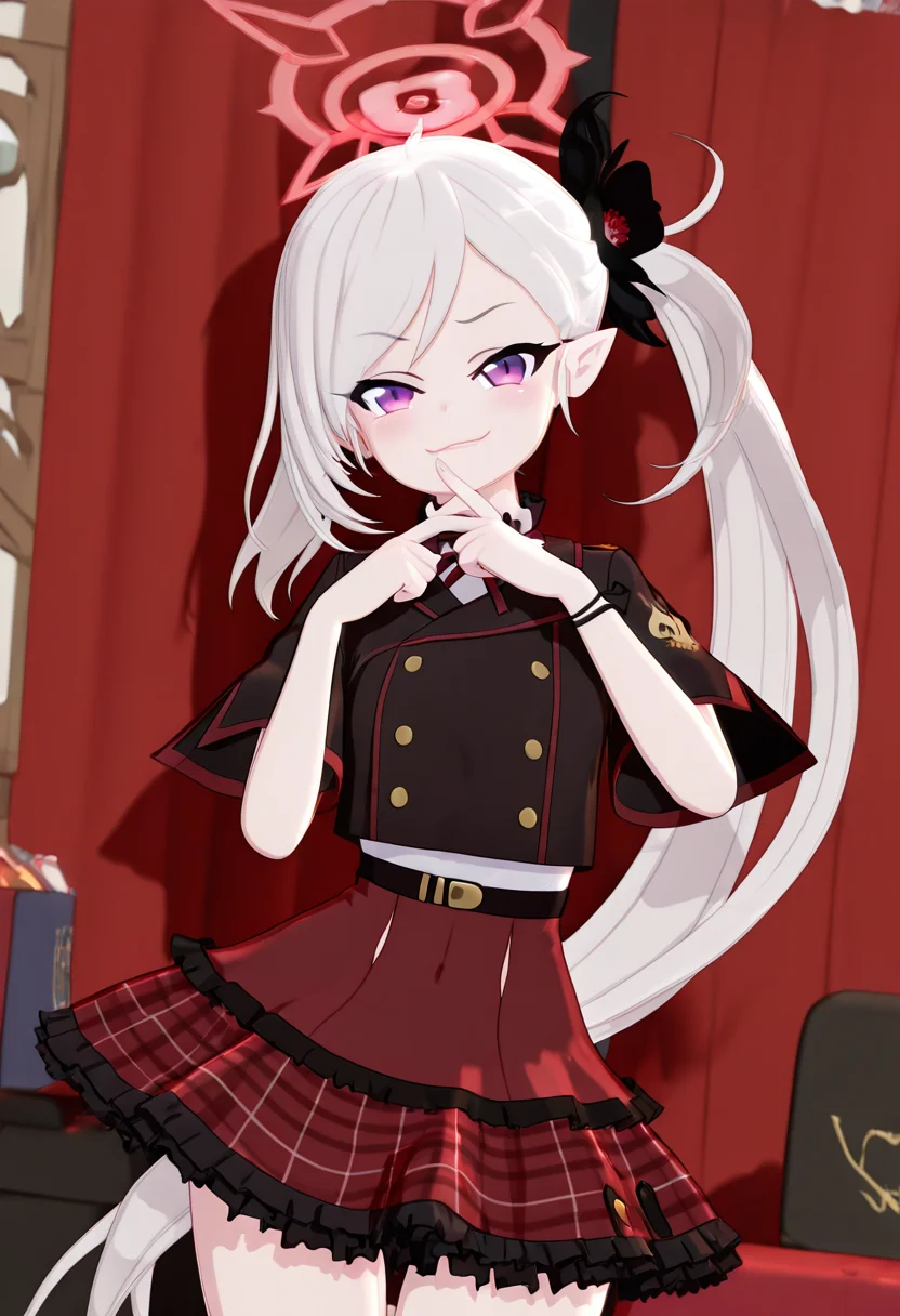 masterpiece, best quality, solo, curvy, beautiful eyes, narrow waist, wide hips, zzMutsuki, long hair, halo, purple eyes, hair ornament, white hair, side ponytail, grey hair, pointy ears, hair flower, red skirt, short sleeves, frilled skirt, plaid skirt, shirt, , <lora:MutsukiBlueArchiveIXL:1.0>, , smile, looking at viewer, cowboy shot, leaning forward, smug, <<lora:MantisIXL_v2:0.8>,