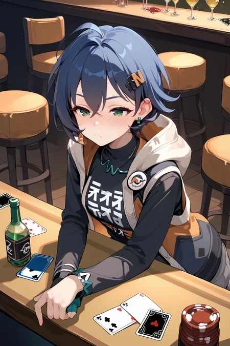 score_9, score_8_up, score_7_up, source_anime, 8k hd, uncesored, 1girl, Belle_(Zenless_Zone_Zero), green eyes, blue hair, short hair, ahoge, medium breasts, hair ornament, earrings, black shirt, open jacket, hood down, single glove, clothes writing, nightclub, frown, half-closed eyes, face blush, sitting behind table, weak, drunk, drinking, green drink, playing cards, holding cards, 
<lora:ZenlessZoneZero_Belle_ShadowxArt:0.8>