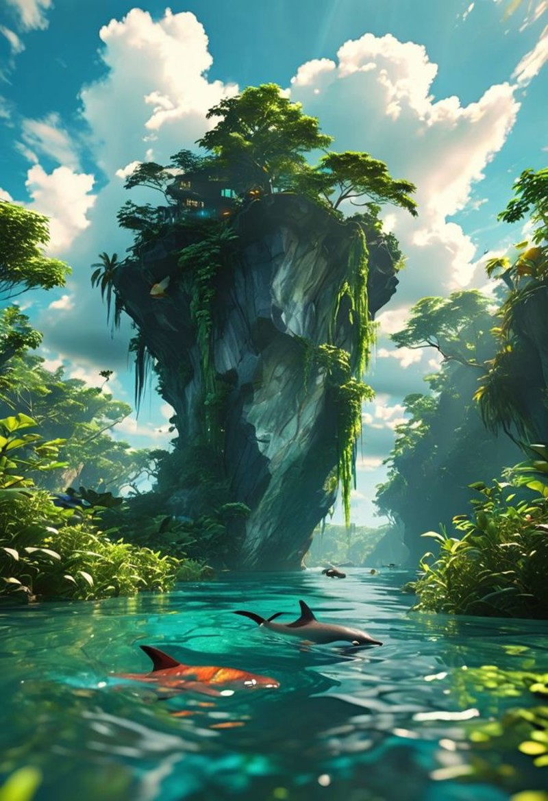 (ultra high res:1.4), (masterpiece), (beautiful lighting:1.4) , lush greenery, amazon river, blackish water, rainforest, Bright sunlight illuminates the crystal-clear water, (deep underwater), anime, half above water and half below water , (clear underwater), beautiful sky with clouds, fish , amazon dolphin, depth