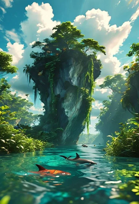 (ultra high res:1.4), (masterpiece), (beautiful lighting:1.4) , lush greenery, amazon river, blackish water, rainforest, Bright sunlight illuminates the crystal-clear water, (deep underwater), anime, half above water and half below water , (clear underwater), beautiful sky with clouds, fish , amazon dolphin, depth