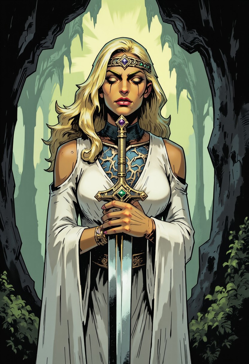 inked comic illustration in TTCSV1.0 artstyle that features a woman, an embodiment of grace and divinity, holds a long, gleaming sword horizontally across her open hands, its blade radiating with an inner silver glow that contrasts with the warm tones of her golden skin. She wears a delicate, flowing white gown that appears almost translucent, cascading around her like a wisp of mist, with edges blending into the faint fog surrounding her form. The fabric shimmers faintly, catching glimmers of gold and soft blues from the ambient lighting, adding depth to the folds and texture of her attire. Her face is calm, illuminated by a celestial light emanating from above, highlighting her closed eyes and giving her an expression of peace and solemnity. Her golden-blonde hair flows over her shoulders, woven with a faint, pearlescent sheen, and crowned by an intricate, filigreed circlet of silver that sparkles subtly, catching the dim forest light. The circlet is adorned with tiny jewels of emerald and sapphire, enhancing the regal yet mystical aura surrounding her.