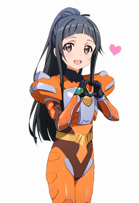 1girl, solo, anime style, 4k quality, masterpiece, best quality, young , cute, alternate costume , cosplay, <lora:sao-yui-s1-alo-ponyxl-lora-nochekaiser:1>,yui, long hair, blunt bangs, hime cut, black hair, long hair, high ponytail, hair tie, black eyes, smile, flat chest, groin, , shiny skin, <lora:Sazer_Visuel:1> sazervisuel, orange bodysuit, brown leotard, belt, armor, gauntlets, black gloves, boots, standing, cowboy shot, from side, smile, open mouth, cute mouth, <lora:FingerHeartPony:.8>, finger heart, heart, negative_hand, easynegative,