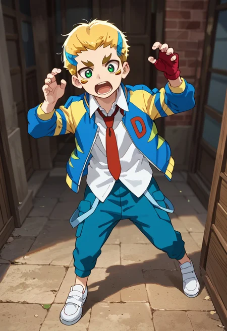 score_9, score_8_up, score_7_up, score_6_up, highly detailed,Good Colors, Glowing Skin, Good Shading, Good Eyes, Contrast Shading, 1boy,cute boy, male focus, solo, correct anatomy, Dante, 1boy, male_focus, yellow hair, blue hair, multicolor hair, green eyes, facial mark, white shirt, yellow and blue jacket, red tie, blue pants, white shoes, red glove, surprised, open mouth