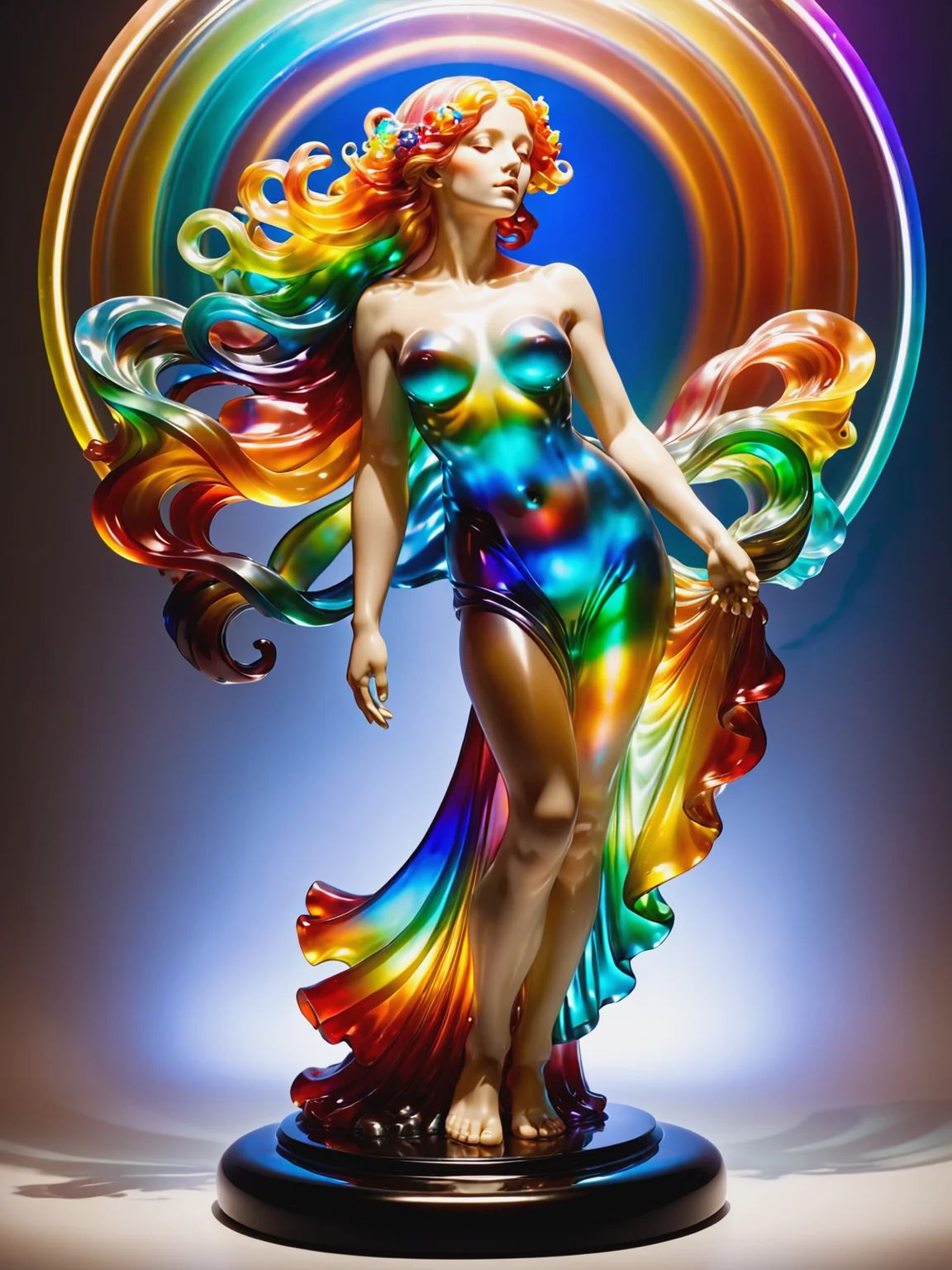 statue of a woman in the style of alphonse_mucha, rainbow colors, floating hair, spotlight,   <lora:JellyStyle:0.8>, (masterpiece:1.2), best quality