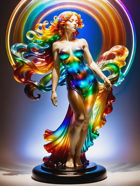 statue of a woman in the style of alphonse_mucha, rainbow colors, floating hair, spotlight, <lora:JellyStyle:0.8>, (masterpiece:1.2), best quality