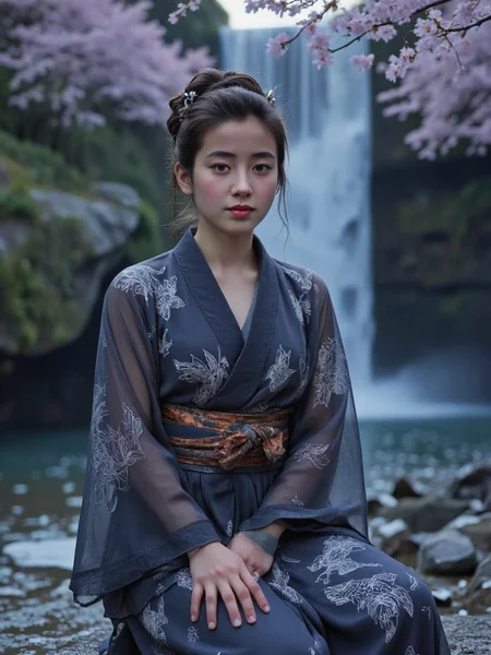 There are wonderful studio lights and various reflections,her thin face is very delicate,
18yo beautiful cute girl with blushing and female orgasm.skin naturally showing the texture of blood vessels and detailed pale skin,(looking at viewer:1.2),
--,
<lora:Rie_Miyazawa_f1:1>,she is Rie Miyazawa,
--, --,In a misty mountain valley where cherry blossoms fall like pink snow a girl kneels by a waterfall that flows upward into the sky. She wears a layered kimono-inspired ensemble: the outer robe is sheer charcoal-gray organza embroidered with glowing silver koi fish tied with an obi sash of crushed velvet in oxidized copper tones. Underneath lies a slate-blue silk underdress with delicate water ripple patterns the high waistline emphasizing her curves while keeping her torso fully covered. Her hair is piled into an intricate updo pierced by twin hairpins shaped like frozen teardrops. Surrealism manifests in the waterfall's reversed flow and blossoms that freeze mid-air each petal reflecting microscopic landscapes. The cold blue-green light of the gorge clashes with warm bioluminescent glow emanating from her garments.