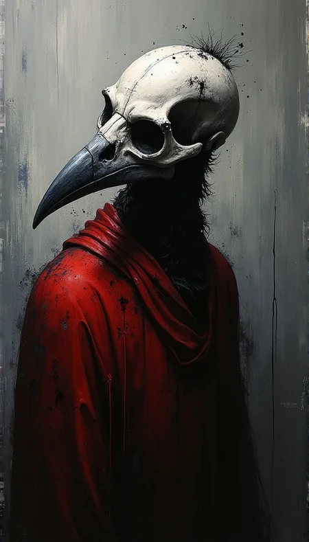Dark, brooding portrait of a bird-like figure with a skeletal face. Grim, macabre style. Figure wears a deep crimson garment, with dark, textured brushstrokes and splatters creating a sense of unease and raw emotion. Skull-like mask on face, stark white contrasted against dark, chaotic background. Bird-like beak extends from the skull, adding to the surreal, otherworldly presence. Gray and white tones create a somber backdrop, subtly blended with dark black accents. Paint drips and streaks accentuate the character's posture, adding depth and movement to the piece. Composition is dramatic, with the figure angled; emphasis on dark and somber colors, creating brooding atmosphere. Style is dark surrealism or gothic Surrealism, evoking a sense of melancholy and mystery. Texture of the painting is thick, impasto style, with strong brushstrokes visible. Heavy use of impasto and splatters. Dramatic lighting emphasizes the figure's form and adds to the dark and intense mood.