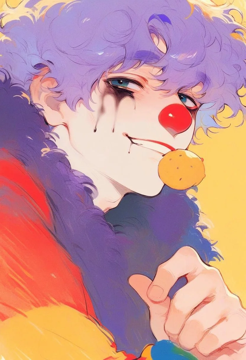 hu99y, score_9,score_8_up,score_7_up, 1boy, solo,cowboy shot, bangs, purple hair, head resting on one hand, joker makeup, clown costume, smile, yellow background