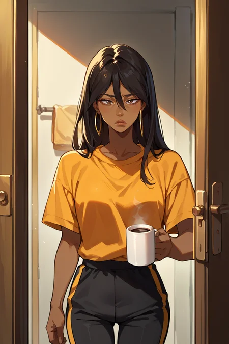 score_9, score_8_up, score_7_up, score_6_up, source_anime, 1girl, solo <lora:michiko-pdxl-nvwls-v1-000005:1> michiko, black hair, long hair, brown eyes, dark-skinned female, lips, hoop earrings, orange t-shirt, black track pants, tired, doorway, indoors, holding coffee mug