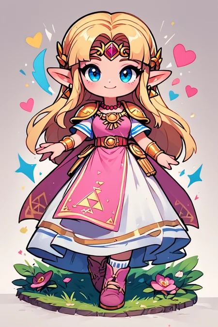 score_9, score_8_up, score_8, medium breasts, (curvy), cute, eyelashes, BREAK, , BREAK, <lora:UltimatePrincessZelda_PDXL_v1:0.8>, zzUZelda, blonde hair, jewelry, dress, pink tabard, triforce, circlet, armor, earrings, necklace, shoulder armor, tiara,, socks, big shoes, <lora:CuteToonPDXL:0.8>, , BREAK, smile, looking at viewer, cowboy shot, embedding:zPDXL, Expressiveh, <lora:SDXLFaeTastic2400:0.5>, <lora:Expressive_H-000001:0.4>,