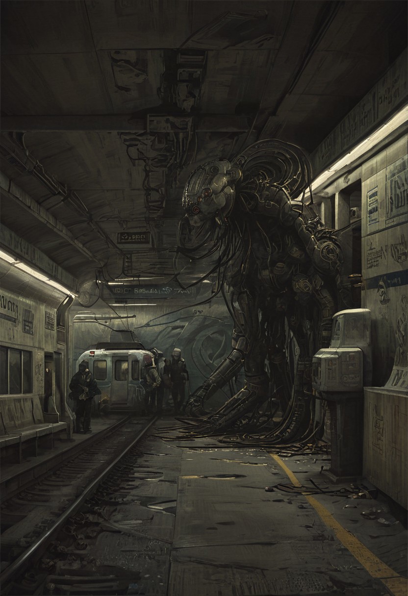 by Peter gric, H.R Giger, by Florent Desailly, ((the electric state by Simon Stalenhag)),
horror, post-apocalyptic, futuristic, (HD, photorealistic, dramatic lighting, intricate details, biomechanical patterns, powerful, cinematic, masterpiece),
subway station, crowd waiting for a train, robots offering services, underground marketplace